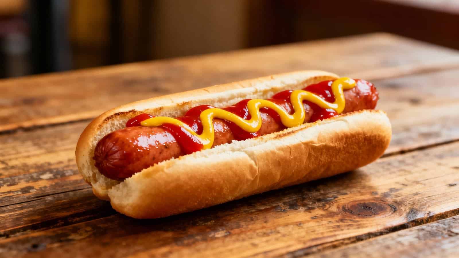 A classic hot dog in a toasted bun with a sausage, topped with ketchup and mustard, served on a rustic wooden surface. Perfect for quick meals and outdoor gatherings.