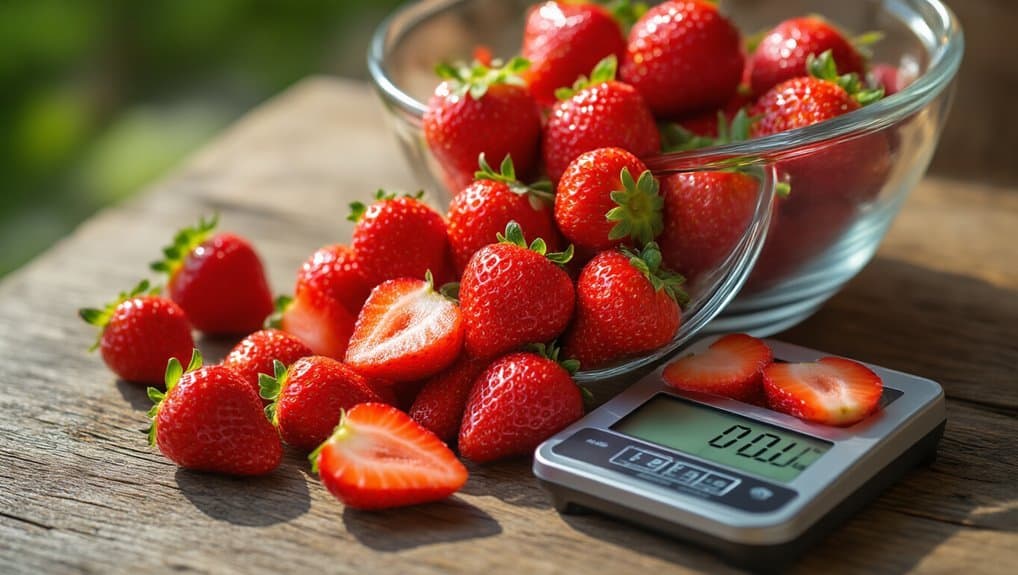 Fresh strawberries spilling from a glass bowl onto a rustic wooden surface, with a digital scale measuring their weight, emphasizing healthy eating and portion control.
