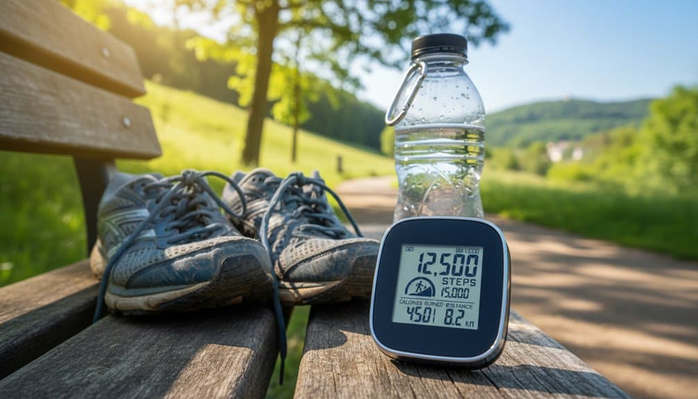 Walking Calculator for Weight Loss: Set Steps, Pace, and Hills to Hit Your Weekly Deficit 2 Pedometer, shoes, and water bottle on park bench showing 12,500 steps.