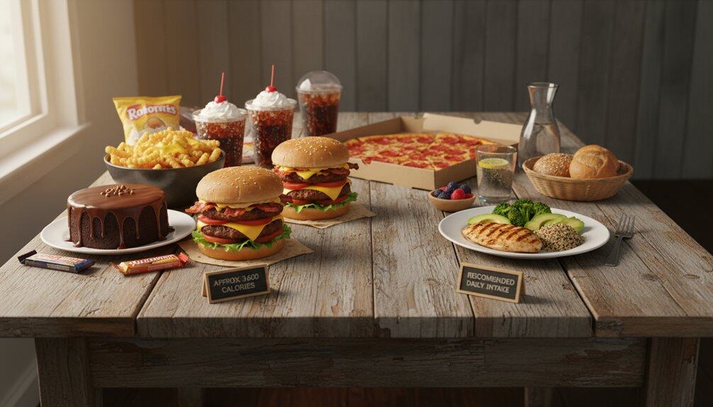 A table showing fast food like burgers, pizza, and desserts on one side, and nutritious options like grilled chicken with vegetables on the other, emphasizing balanced eating.