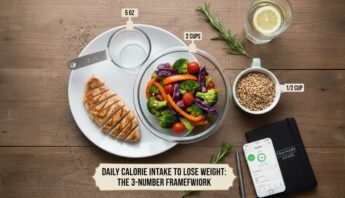 Daily Calorie Intake to Lose Weight: The 3-Number Framework Trainers Use for Consistent Fat Loss 10 Healthy colorful vegetable salad with chicken, quinoa, lemon water, and fitness tracker.