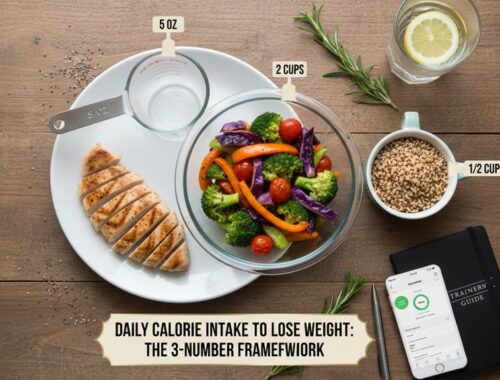 Healthy colorful vegetable salad with chicken, quinoa, lemon water, and fitness tracker.