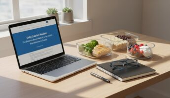 Daily Calories Needed: The Evidence-Based Method to Set Deficit, Maintenance, or Surplus 12 Efficient workspace with laptop, healthy food, notepad, glasses, and pen for fitness and health advice.