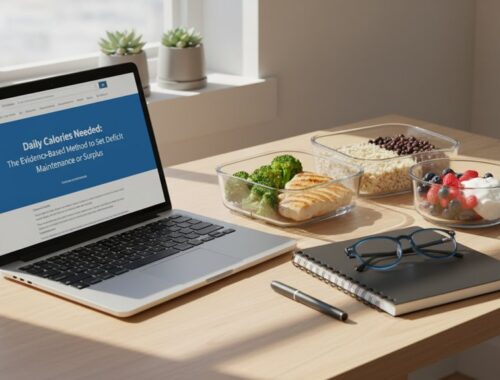 Efficient workspace with laptop, healthy food, notepad, glasses, and pen for fitness and health advice.