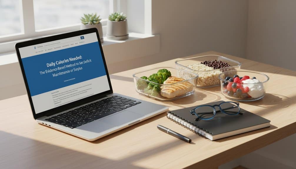 Efficient workspace with laptop, healthy food, notepad, glasses, and pen for fitness and health advice.