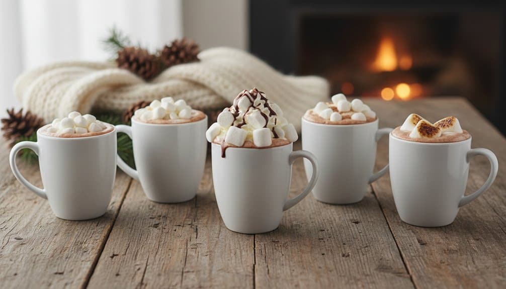 Delicious hot chocolate topped with marshmallows served in white mugs, perfect for a cozy winter day by the fireplace.