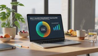 A sleek laptop displaying a colorful daily calorie requirement chart on a modern wooden desk with healthy fruits, a potted plant, coffee, and water for a balanced healthy lifestyle.