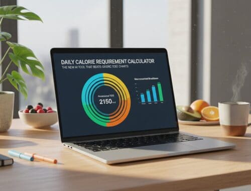 A sleek laptop displaying a colorful daily calorie requirement chart on a modern wooden desk with healthy fruits, a potted plant, coffee, and water for a balanced healthy lifestyle.
