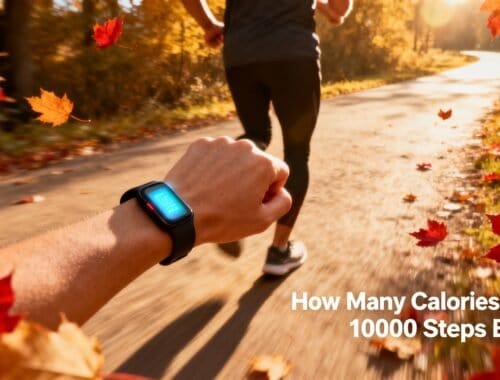 Calories burned running 1,000 steps on a scenic fall trail, tracked by a smartwatch; outdoor exercise during autumn.