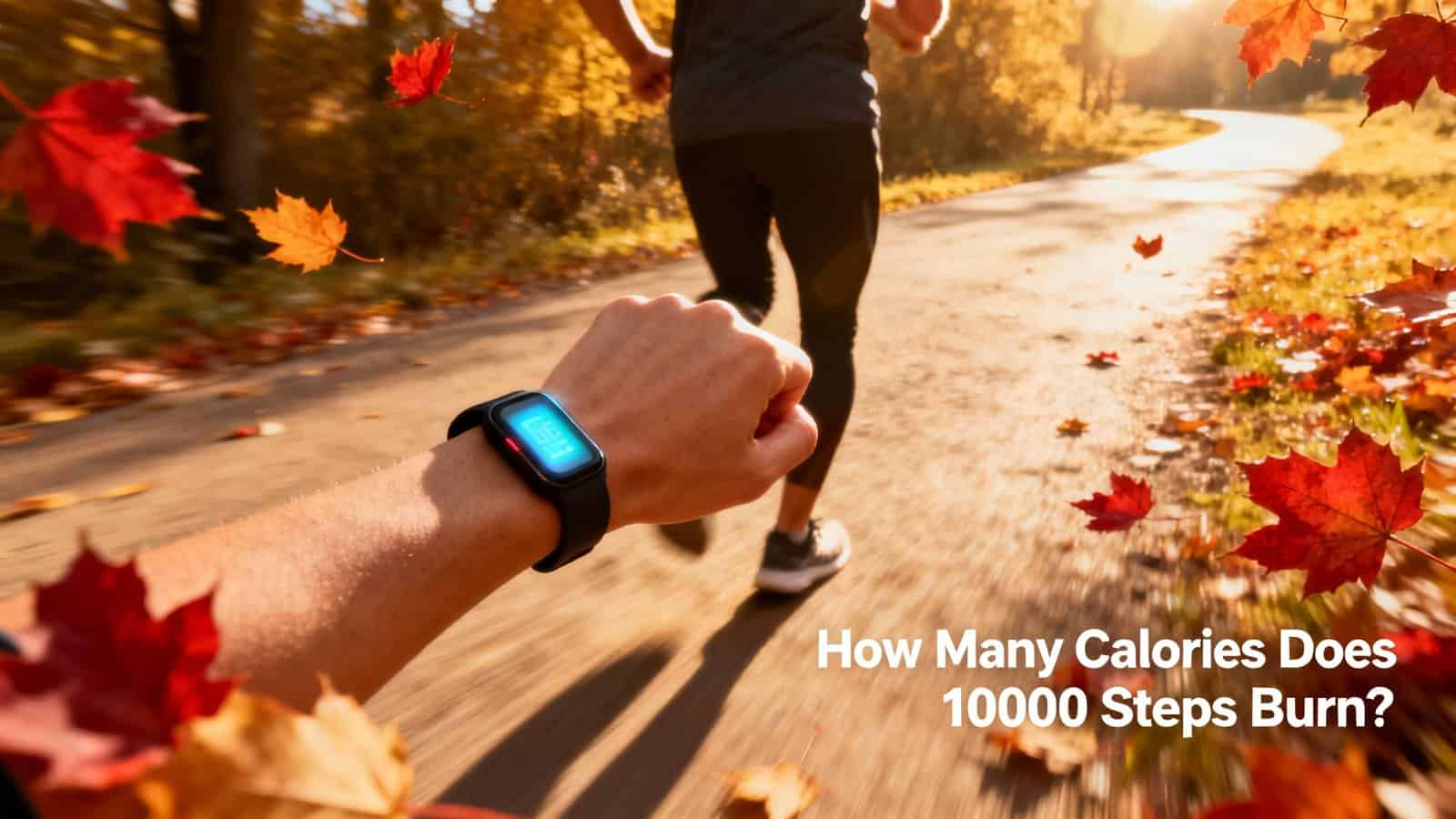 Calories burned running 1,000 steps on a scenic fall trail, tracked by a smartwatch; outdoor exercise during autumn.