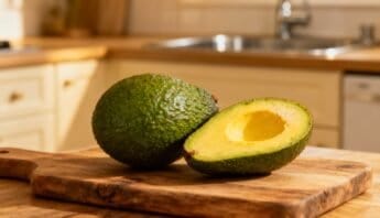 Avocado-on-wooden-cutting-board in a cozy kitchen setting, healthy food, nutritious lifestyle, fresh produce, kitchen counter, green fruit, dietary health, snack preparation, natural ingredients, healthy eating habits.