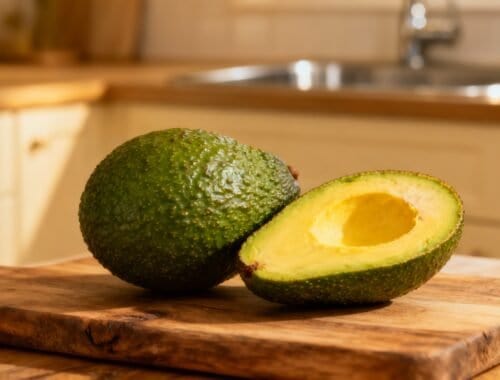 Avocado-on-wooden-cutting-board in a cozy kitchen setting, healthy food, nutritious lifestyle, fresh produce, kitchen counter, green fruit, dietary health, snack preparation, natural ingredients, healthy eating habits.