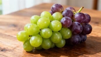 How Many Calories in Grapes? 13 Green and purple grapes on wooden surface, fresh and dew-covered, healthy snack or ingredient for salads and recipes, captured in natural light, vibrant fruit for fitness and wellness diets.