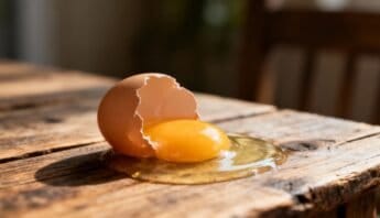 How Many Calories in 1 Egg? 10 Egg with yolk spilling out of broken shell on rustic wooden table, symbolizing nutrition, healthy eating, and breakfast ideas for a fitness-focused lifestyle.