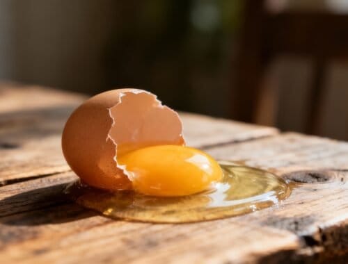 Egg with yolk spilling out of broken shell on rustic wooden table, symbolizing nutrition, healthy eating, and breakfast ideas for a fitness-focused lifestyle.
