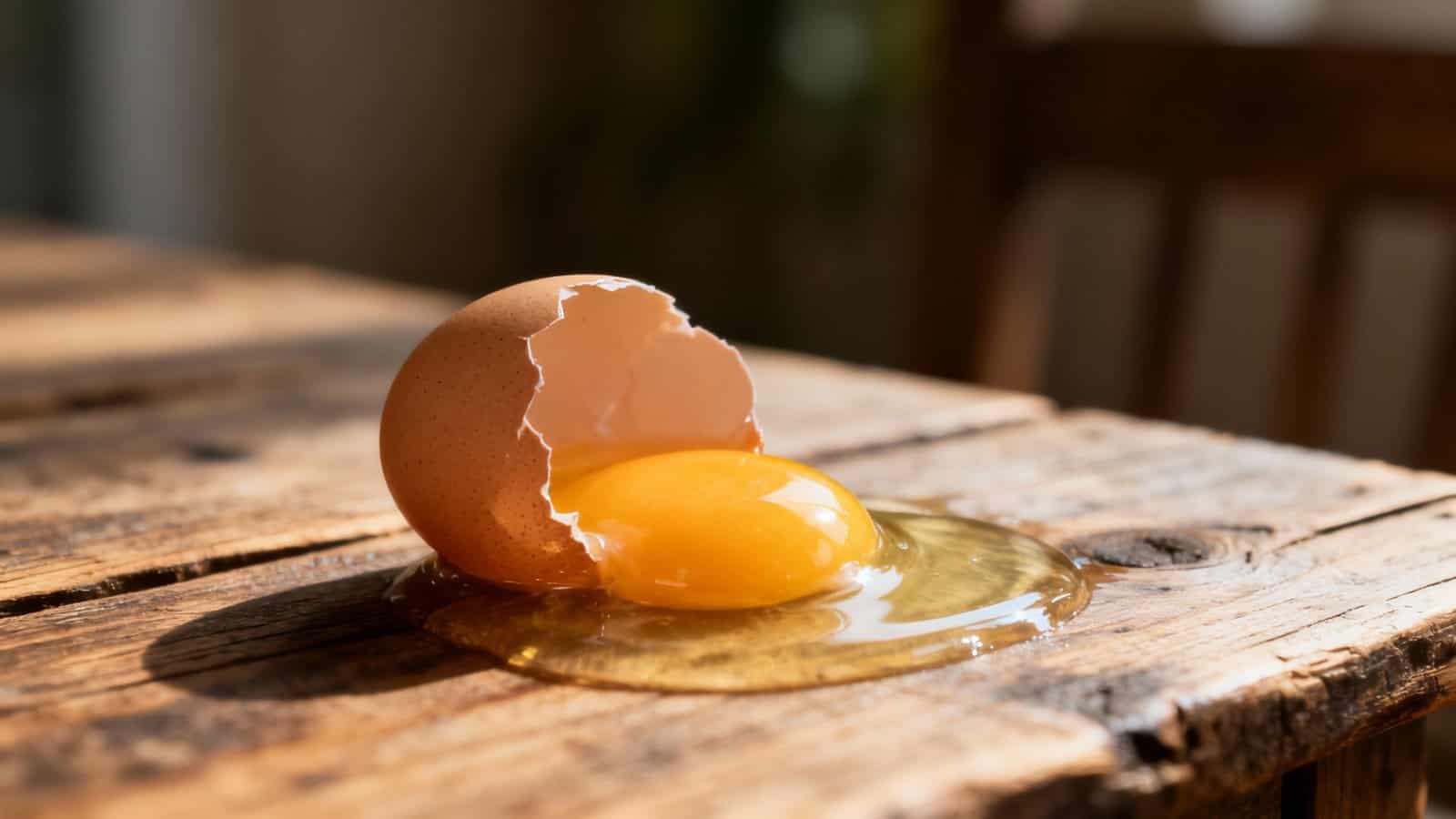Egg with yolk spilling out of broken shell on rustic wooden table, symbolizing nutrition, healthy eating, and breakfast ideas for a fitness-focused lifestyle.