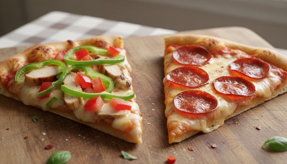 Two Slices of Pizza Calories: The Topping Combo That Saves 300 Calories Without Sacrifice 2 A close-up image of two slices of pizza on a wooden cutting board, one topped with chicken, green bell peppers, and tomatoes, and the other with pepperoni, highlighting quick, tasty, and healthier snack options.