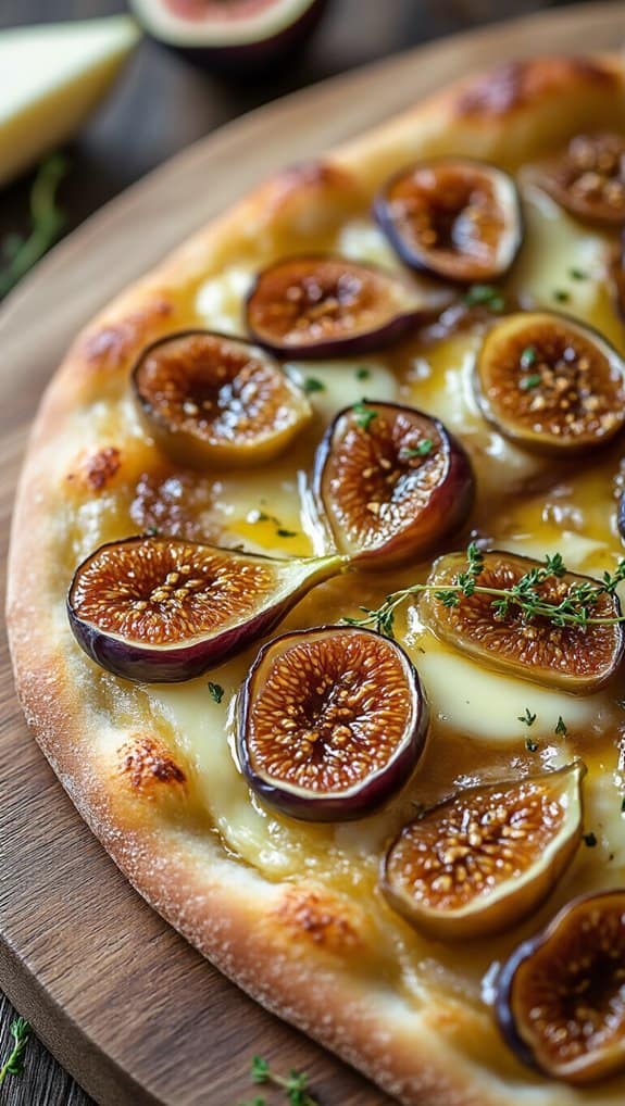 Sweet fig pizza with melted cheese and fresh herbs on a wooden serving board.