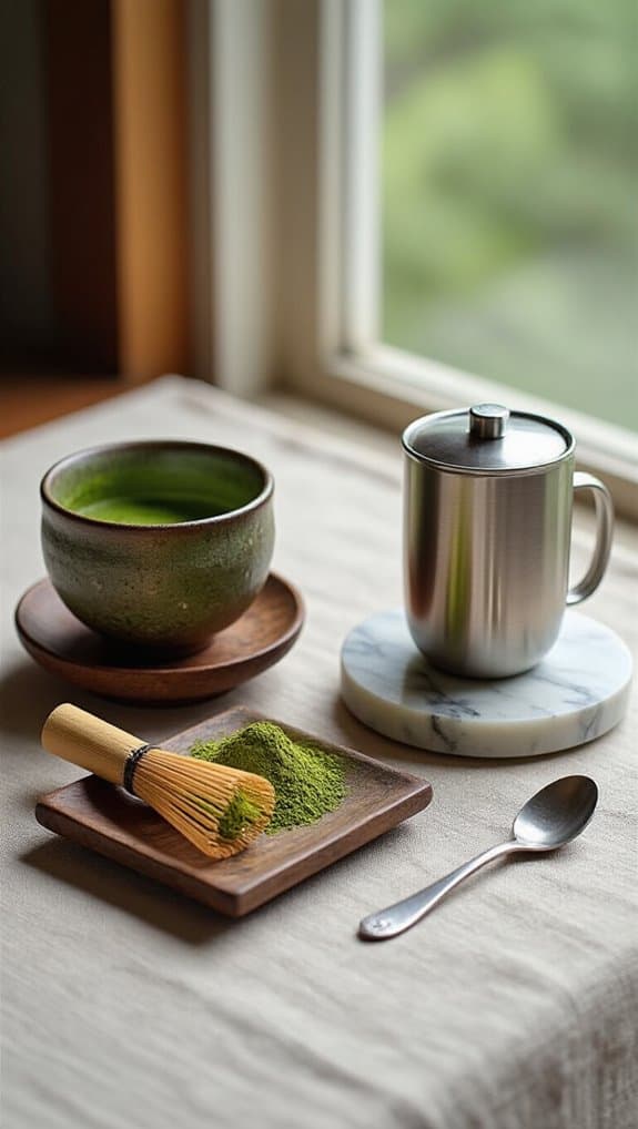 Smooth green tea in a ceramic cup with matcha powder and bamboo whisk on a wooden tray and a stainless steel thermos on a marble coaster by the window.