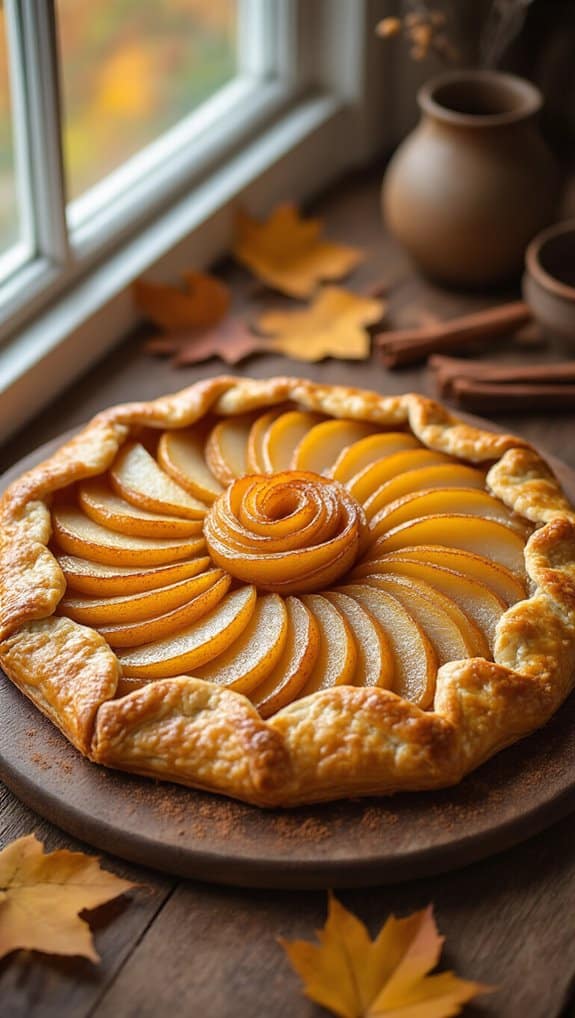 Sweet pear tart with sliced pears arranged in a spiral, golden crust, autumn leaves around, cozy indoor setting, kitchen with pottery in background.