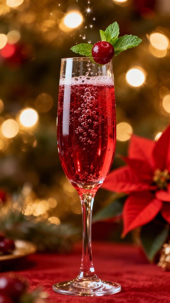 A glass of sparkling red holiday cocktail garnished with a fresh mint sprig and cherry, set against a blurred Christmas tree with warm bokeh lights. Perfect for holiday celebrations and festive gatherings.