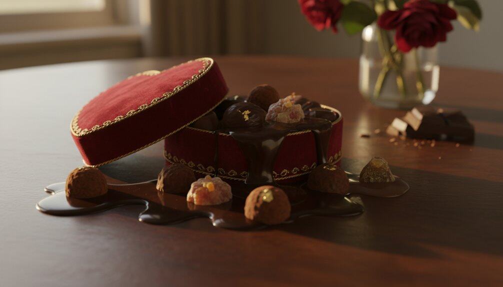 Delicious chocolate assortment with candies and melted chocolate spilling on a wooden surface, illustrating temptation and the importance of balanced treats in a healthy lifestyle.
