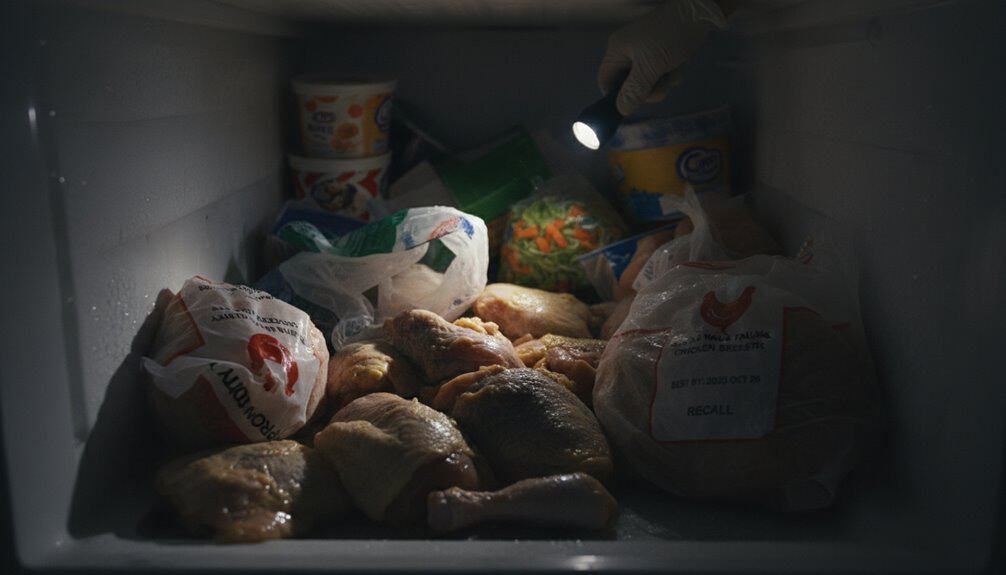 Uncooked chicken stored in a freezer along with vegetables and other grocery items, illuminated by a flashlight.