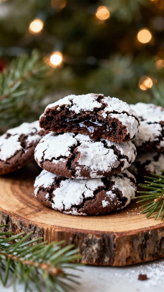 Rich chocolate cookies with powdered sugar topping, with soft centers filled with melty chocolate, set on a rustic wooden platter, festive holiday ambiance.