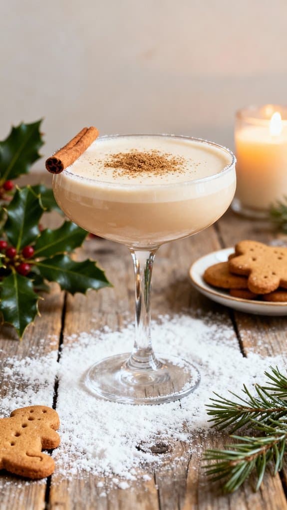 A creamy eggnog cocktail garnished with a cinnamon stick, served on a rustic wooden table decorated with holly, cookies, and candles for a cozy holiday setting.
