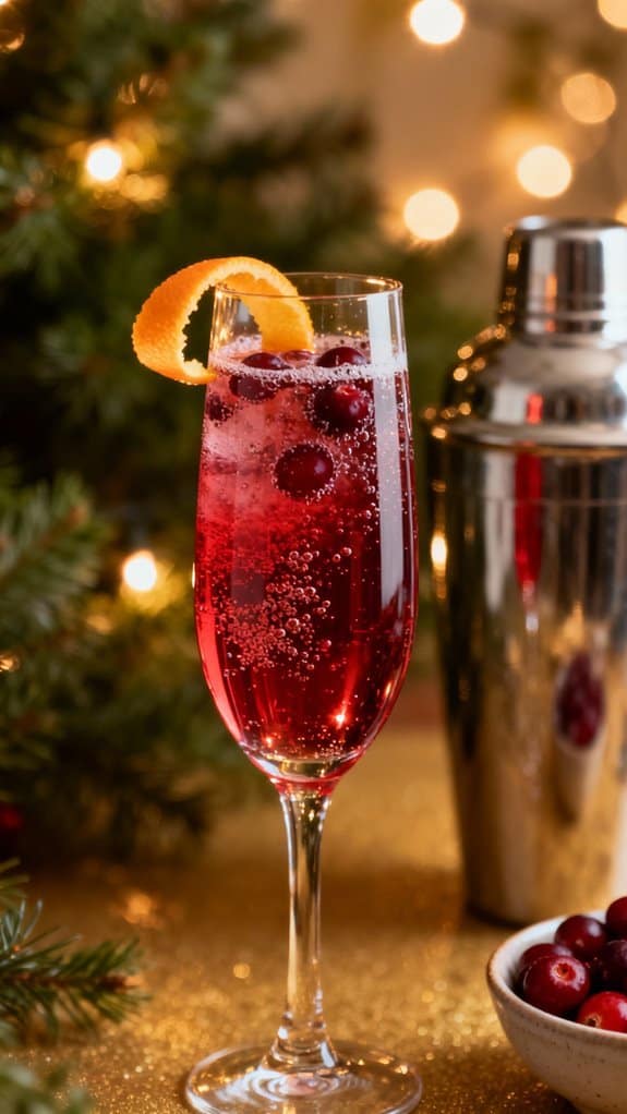 Vibrant red holiday cocktail garnished with orange peel, served in a tall flute with bubbles, celebrating health and joy during the festive season.