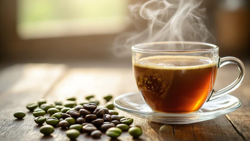 Rich steaming cup of herbal tea with green and black tea leaves on rustic wooden table, promoting health, wellness, and natural ways to improve fitness.
