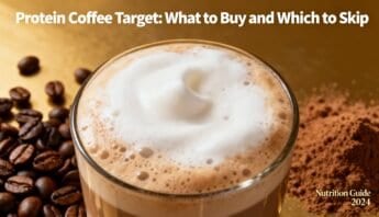 A close-up of a frothy protein coffee in a glass cup, surrounded by coffee beans and a mound of cocoa powder on a golden background.