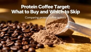 Roasted coffee beans and protein coffee powder with scoop, health and fitness nutrition supplement, dietary choice for athletes and fitness enthusiasts.