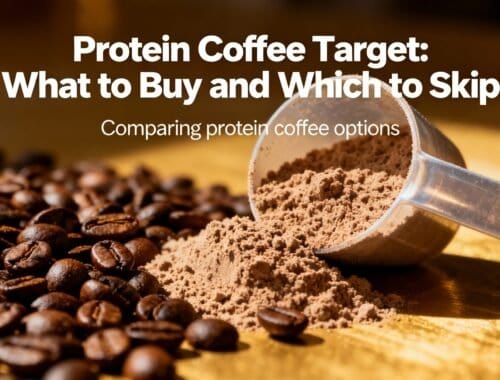 Roasted coffee beans and protein coffee powder with scoop, health and fitness nutrition supplement, dietary choice for athletes and fitness enthusiasts.