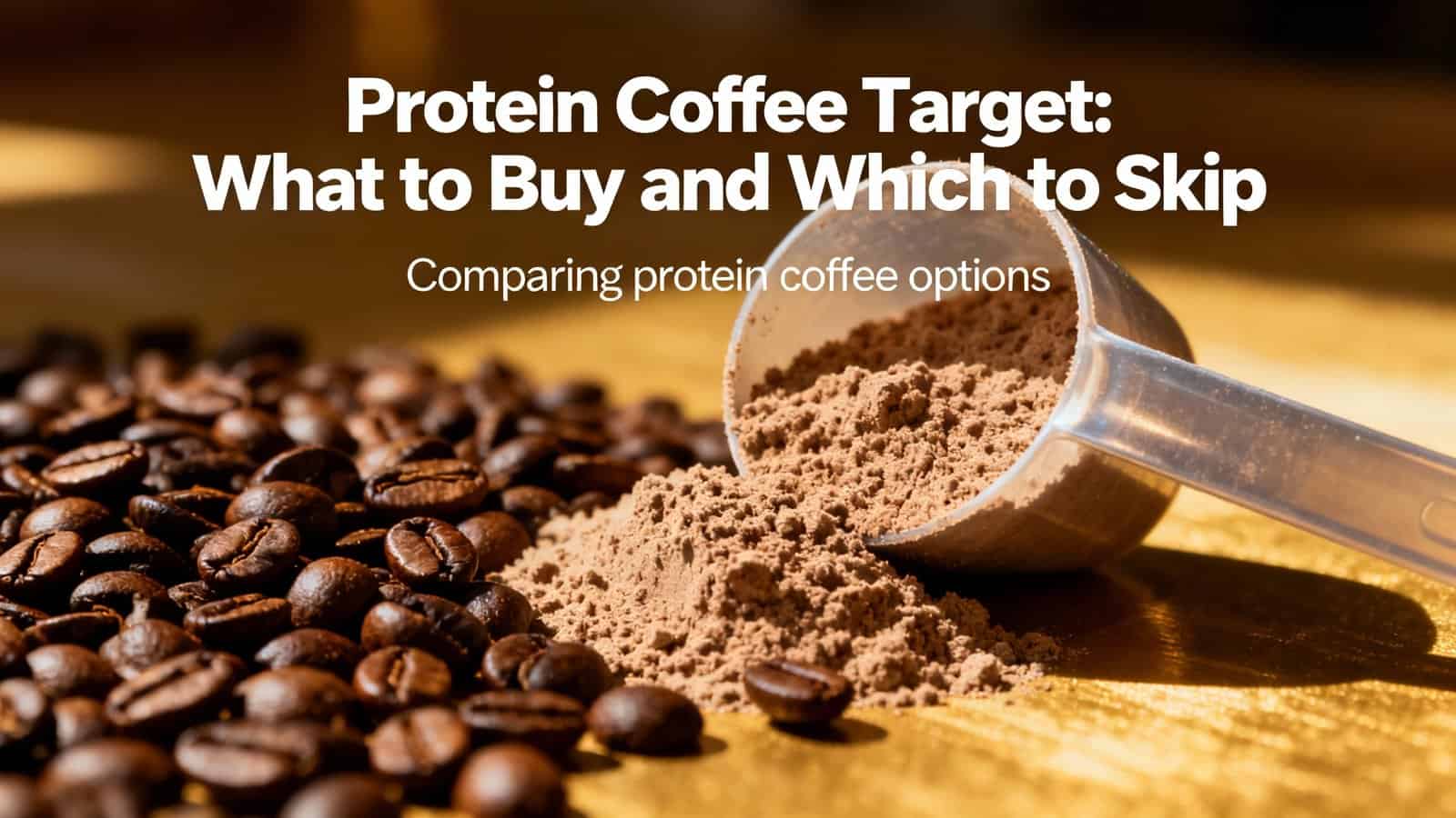 Roasted coffee beans and protein coffee powder with scoop, health and fitness nutrition supplement, dietary choice for athletes and fitness enthusiasts.
