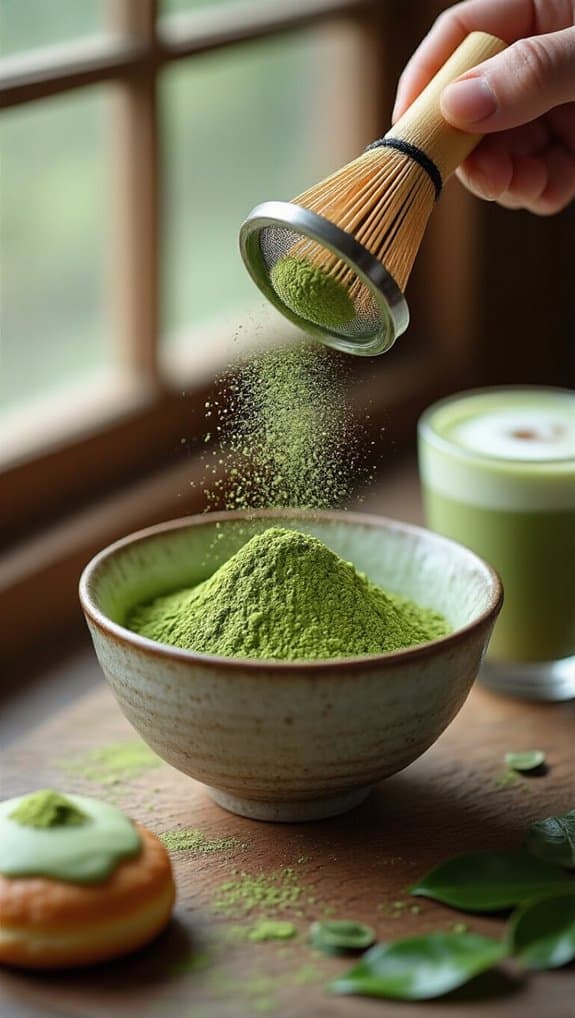 Matcha green tea powder being sprinkled into a bowl with a donut and a cup of tea in the background.