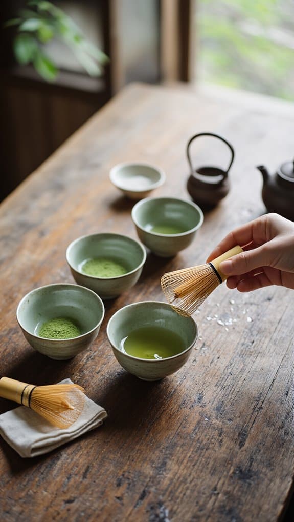 Green tea ceremony with matcha powder in bowls and bamboo whisks on a rustic wooden table, promoting health and wellness through traditional Japanese tea preparation.
