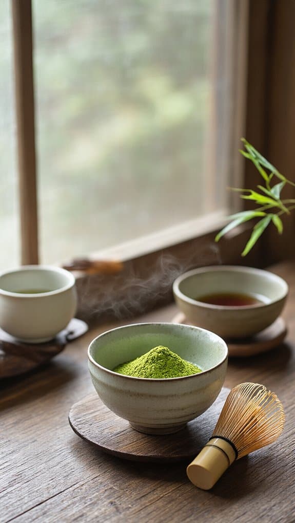 Matcha green tea powder in a rustic bowl with traditional whisk on a wooden table near a window.