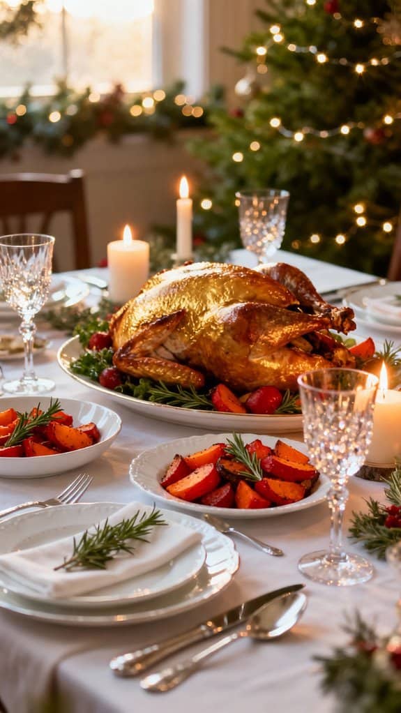 The Ultimate Christmas Day Dinner Menu (With Timings) 2 A beautifully set Christmas dinner table featuring a roasted turkey, roasted vegetables, candles, and elegant glassware, with a decorated Christmas tree in the background.