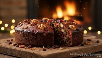 2. Delicious Christmas fruitcake topped with nuts and dried fruits, set on a rustic wooden board with a cozy fireplace in the background, creating a warm holiday atmosphere.