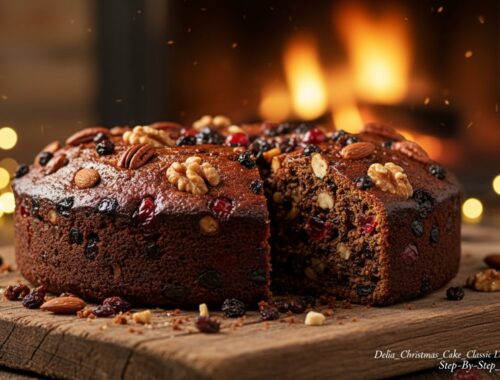 2. Delicious Christmas fruitcake topped with nuts and dried fruits, set on a rustic wooden board with a cozy fireplace in the background, creating a warm holiday atmosphere.