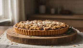 A baked fruit tart topped with crumbly streusel sits on a wooden serving board, perfect for healthy snacking or dessert, showcasing a balance of flavor and nutrition.