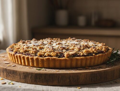 A baked fruit tart topped with crumbly streusel sits on a wooden serving board, perfect for healthy snacking or dessert, showcasing a balance of flavor and nutrition.