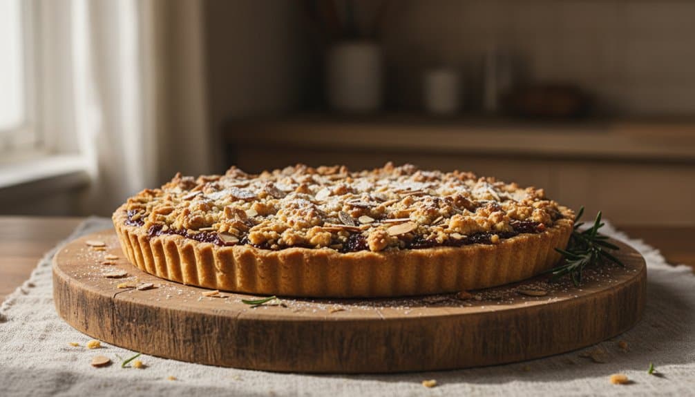 A baked fruit tart topped with crumbly streusel sits on a wooden serving board, perfect for healthy snacking or dessert, showcasing a balance of flavor and nutrition.