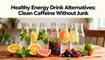 Healthy Energy Drink Alternatives: Clean Caffeine Without Junk 14 Fresh fruit-infused water bottles with citrus, berries, and mint displayed on a wooden table, emphasizing healthy and natural energy drink alternatives.