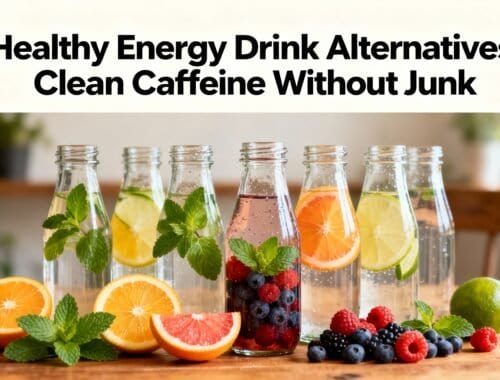 Fresh fruit-infused water bottles with citrus, berries, and mint displayed on a wooden table, emphasizing healthy and natural energy drink alternatives.