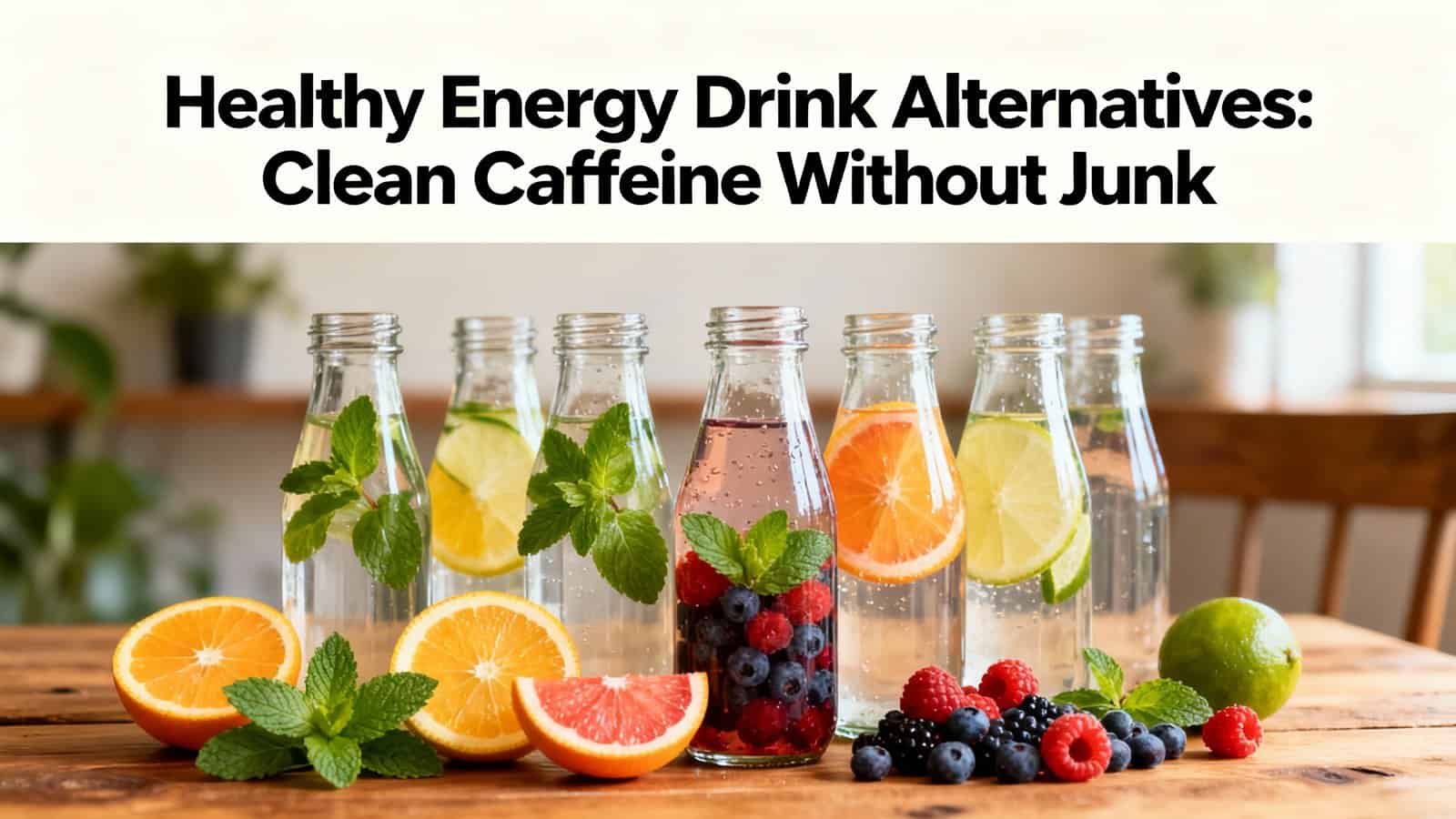 Fresh fruit-infused water bottles with citrus, berries, and mint displayed on a wooden table, emphasizing healthy and natural energy drink alternatives.