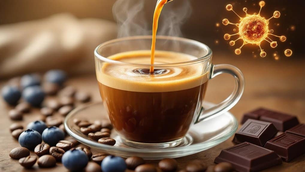 Rich coffee being poured into a glass cup, with coffee beans, blueberries, and chocolate nearby, and a glowing virus illustration in the background.