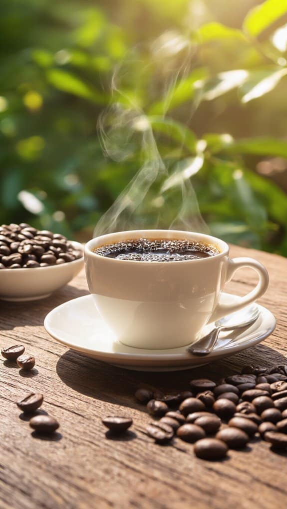 Steaming cup of black coffee on a wooden table with scattered coffee beans and a plant in the background, symbolizing a healthy and energizing start to the day.