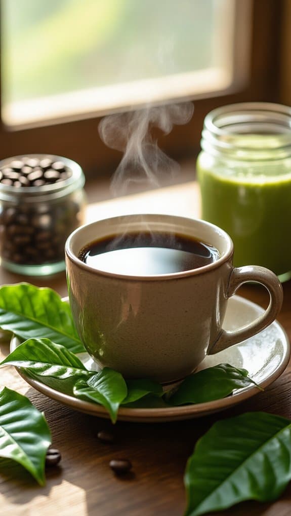 Coffee cup with steam, green smoothie, and coffee beans on a wooden table near a window.